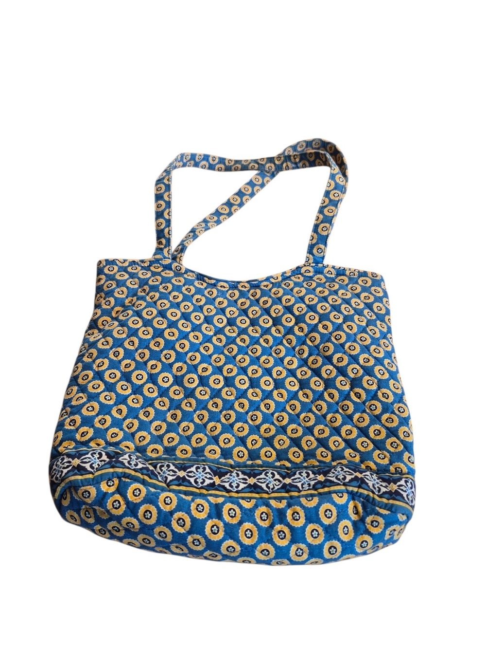 Vera Bradley Riviera Blue/ Yellow Patterned Cotton Tote Bag w/ Sm. Cosmetic Bag